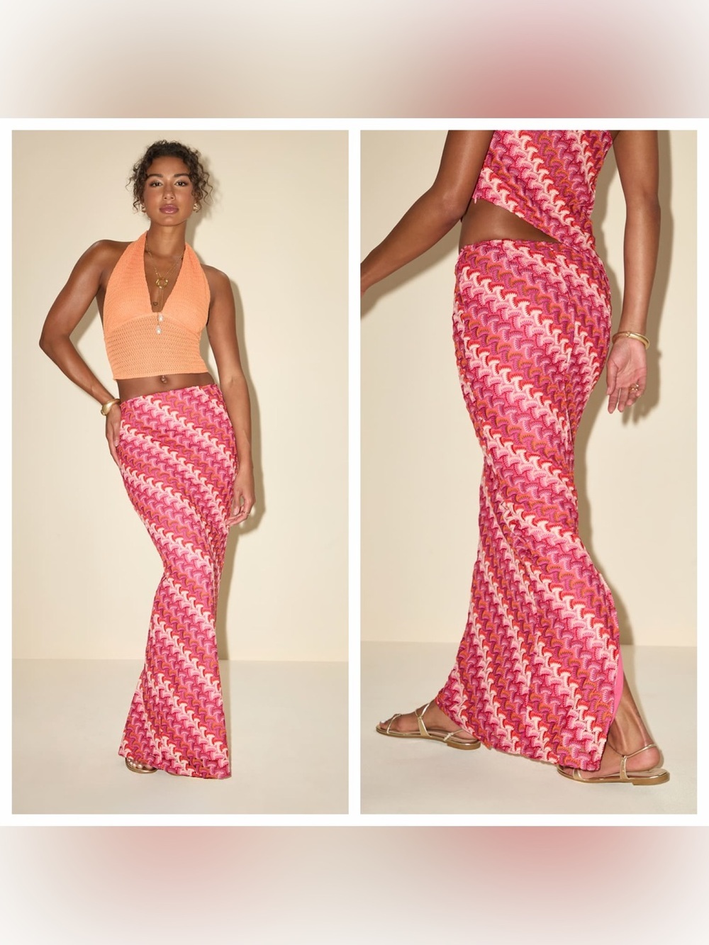 Lulu's Fiala Pink Multi Crochet Chevron Mermaid Maxi Skirt